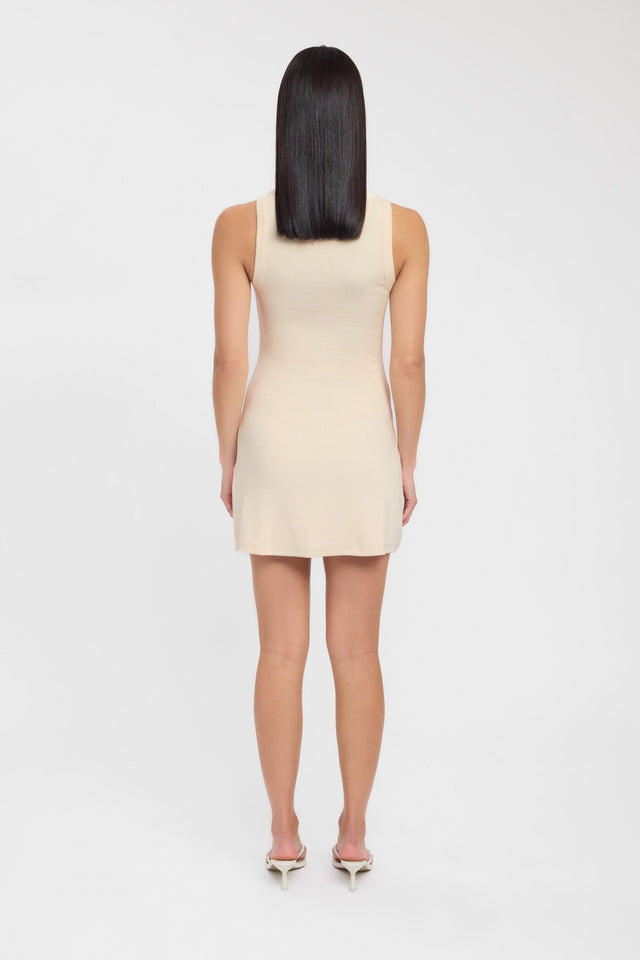 back Henny Tank Dress Kookai Bodycon Mini Fitted Roundneck beige womens-dresses 