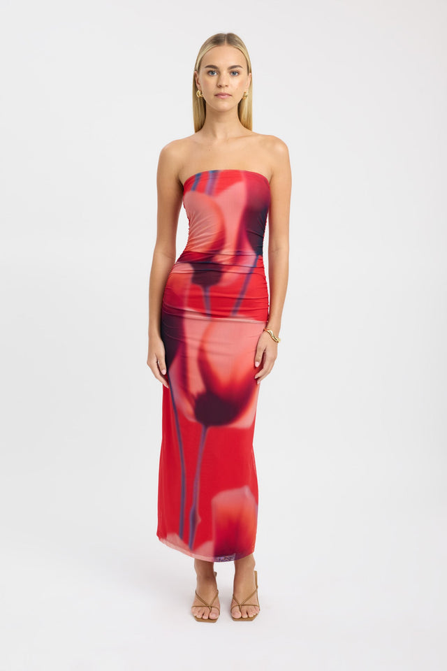 side Flora Strapless Dress Kookai Bodycon Maxi Fitted Straight red womens-dresses 