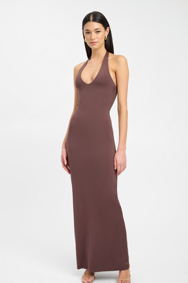 product Stella Halter Maxi Dress Kookai Bodycon Maxi Fitted Plungeneck brown womens-dresses 